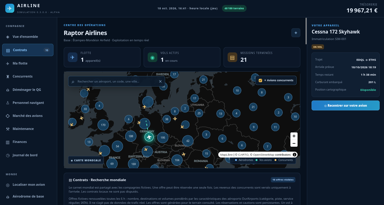Capture d'écran d'Airline montrant le centre des opérations, la carte mondiale des contrats et un Cessna 172 Skyhawk.