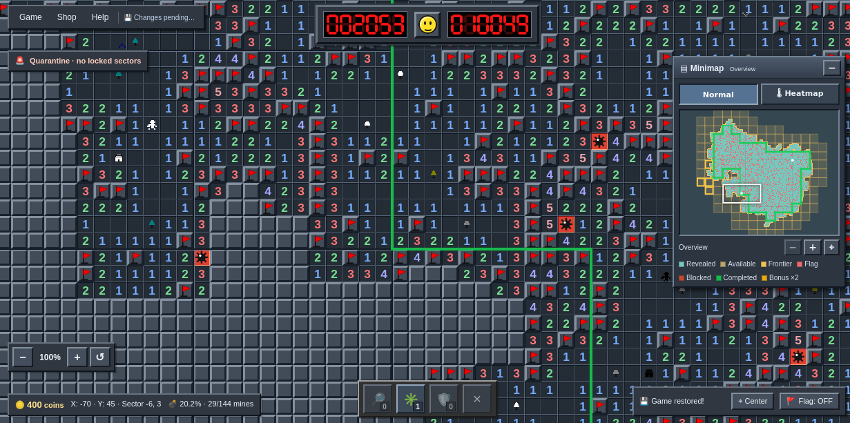 Capture d’écran complète d’Infinite Minesweeper montrant la grille, la zone Quarantine, les compteurs et la minicarte.